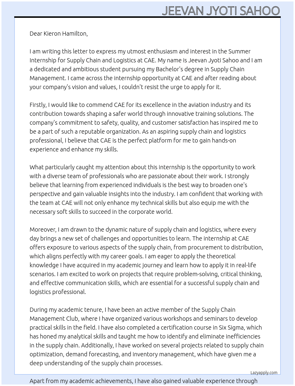 Summer Internship for supply chain and logistics At CAE Cover Letter