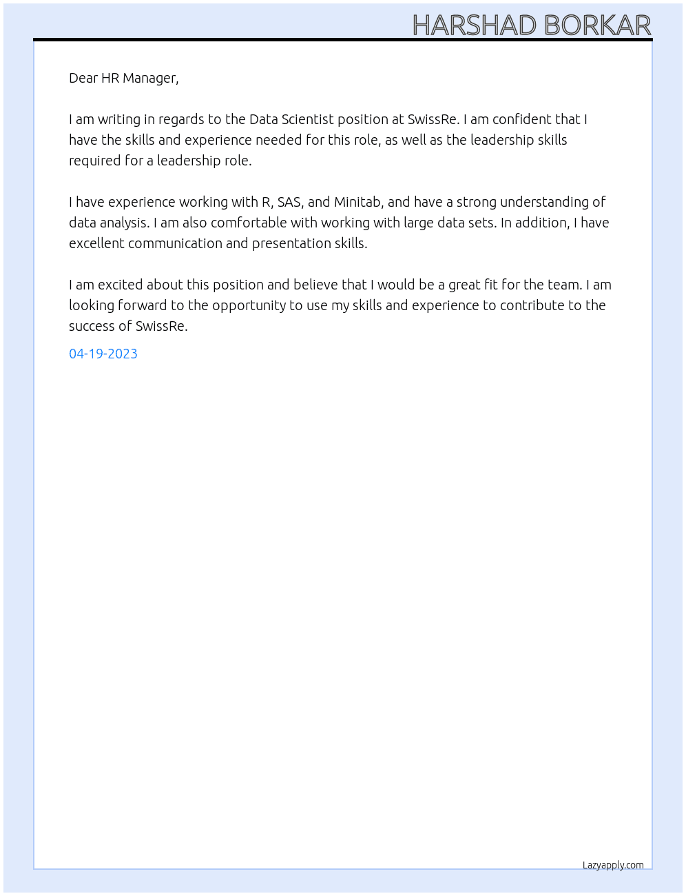 Data SCientist At SwissRe Cover Letter