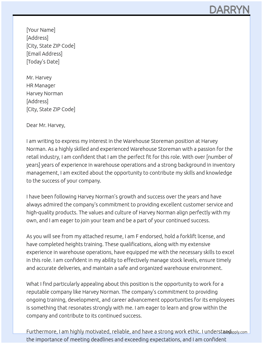 Warehouse storeman At Harvey Norman Cover Letter