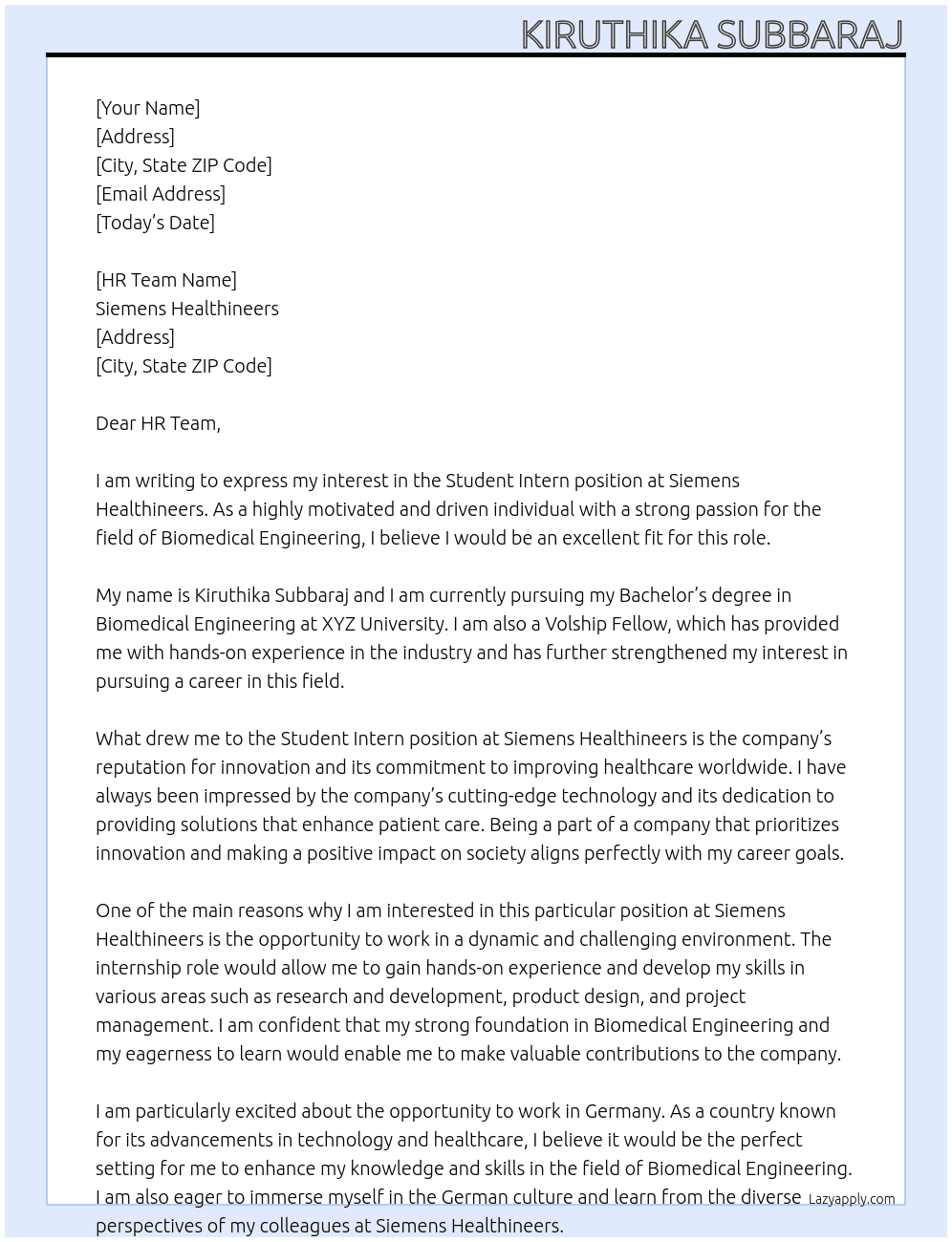 Student intern At Siemens healthineers Cover Letter