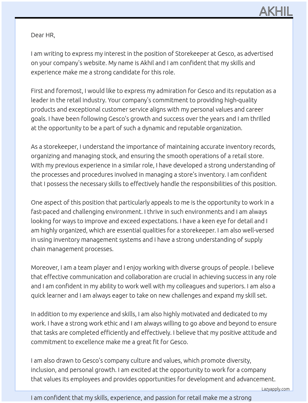 Store keeper At Gesco Cover Letter