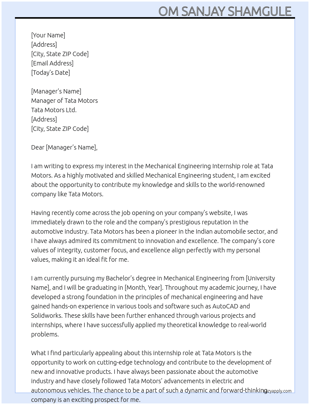 Mechanical engineering  At Tata motors  Cover Letter