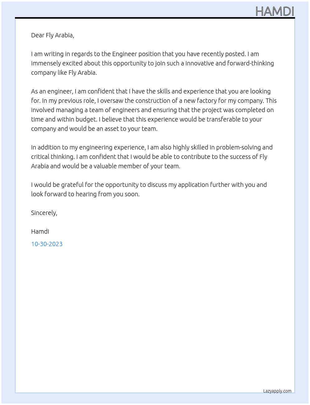 Engineer  At fly arabia  Cover Letter