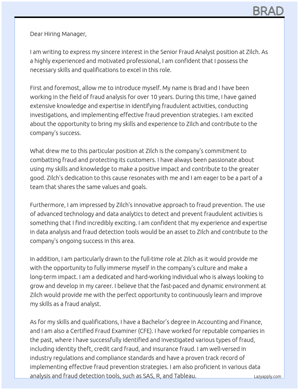 Senior Fraud Analyst At Zilch Cover Letter