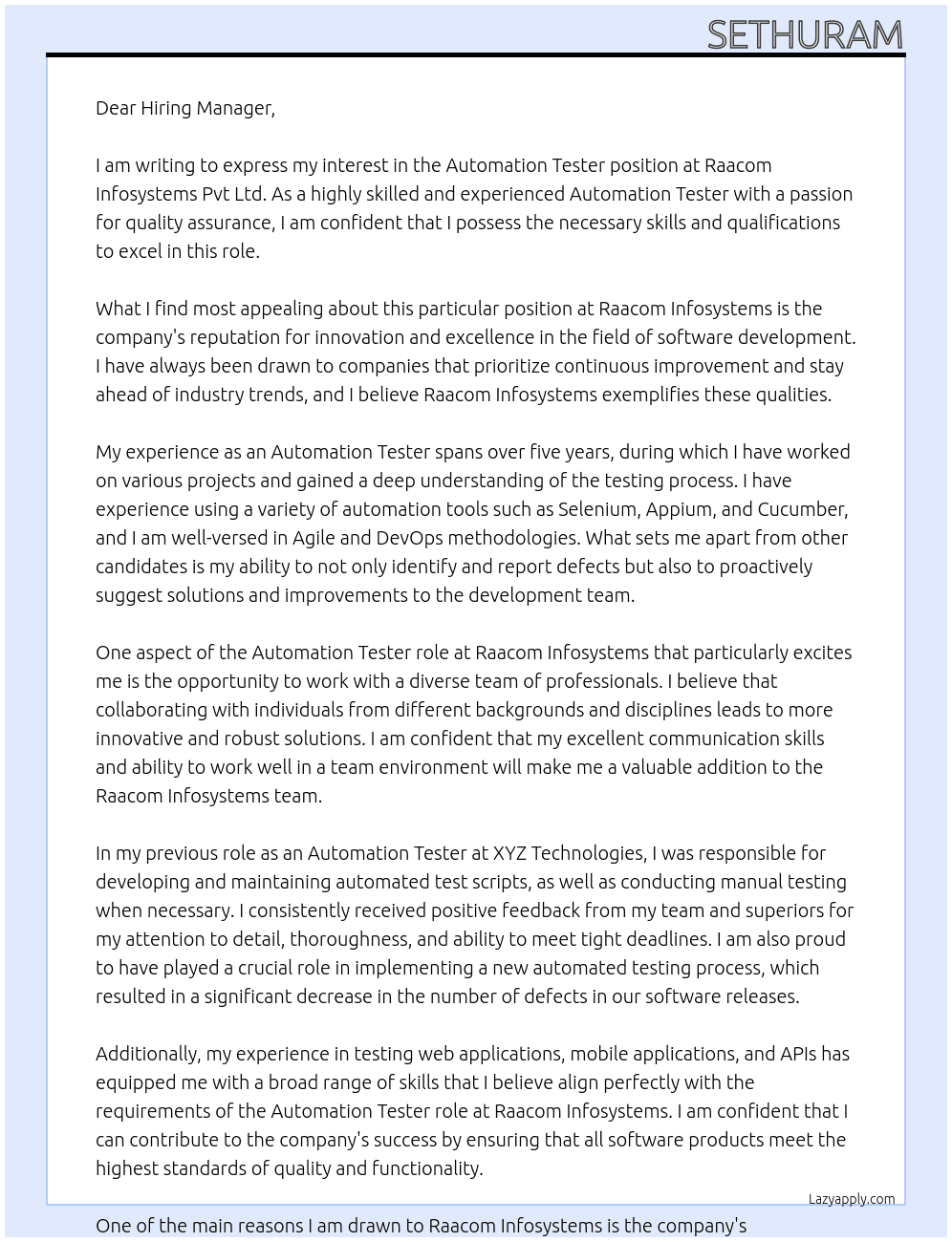 Automation Tester  At Raacom Infosystems Pvt Ltd  Cover Letter