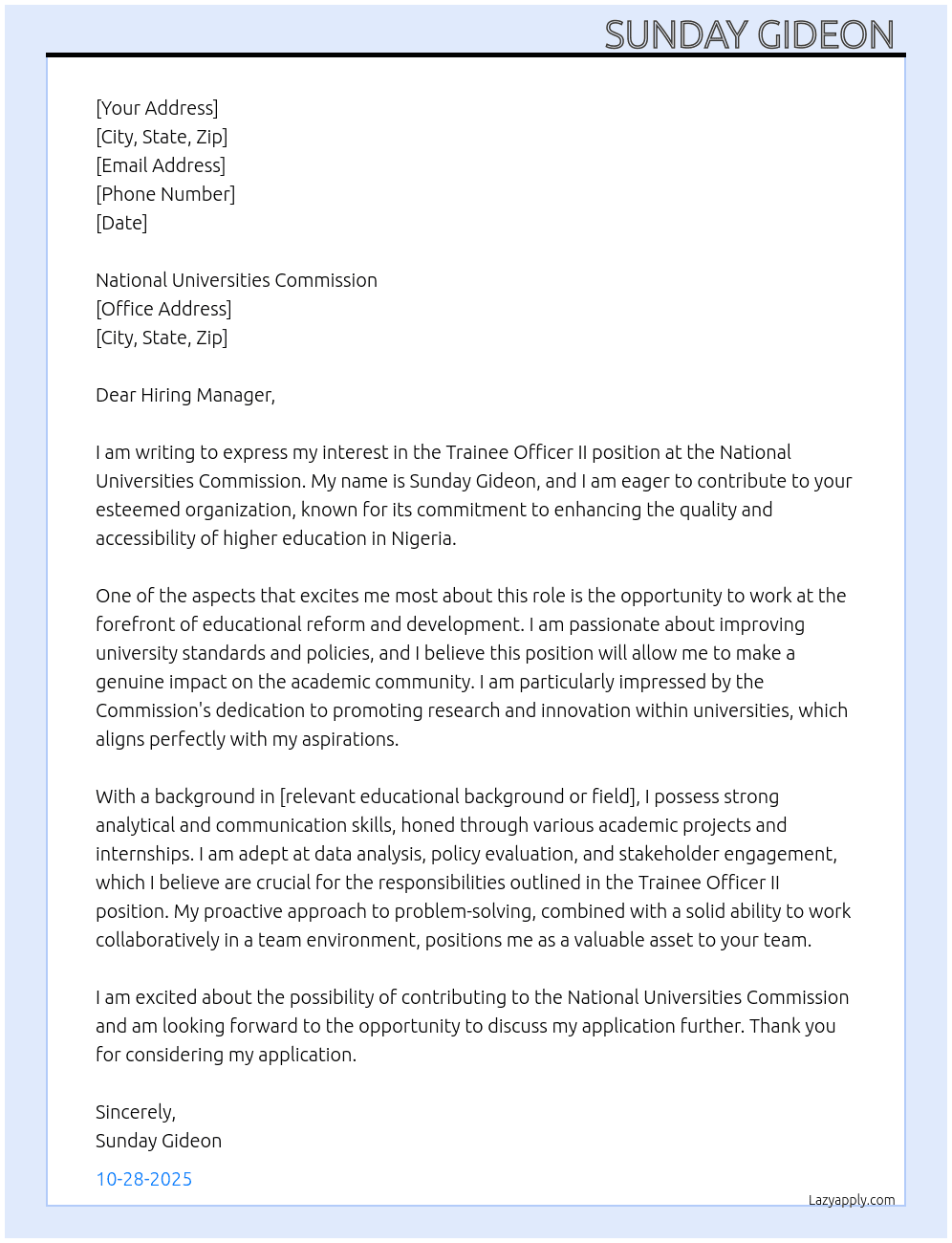 Cover letter for trainee officer ll - LazyApply