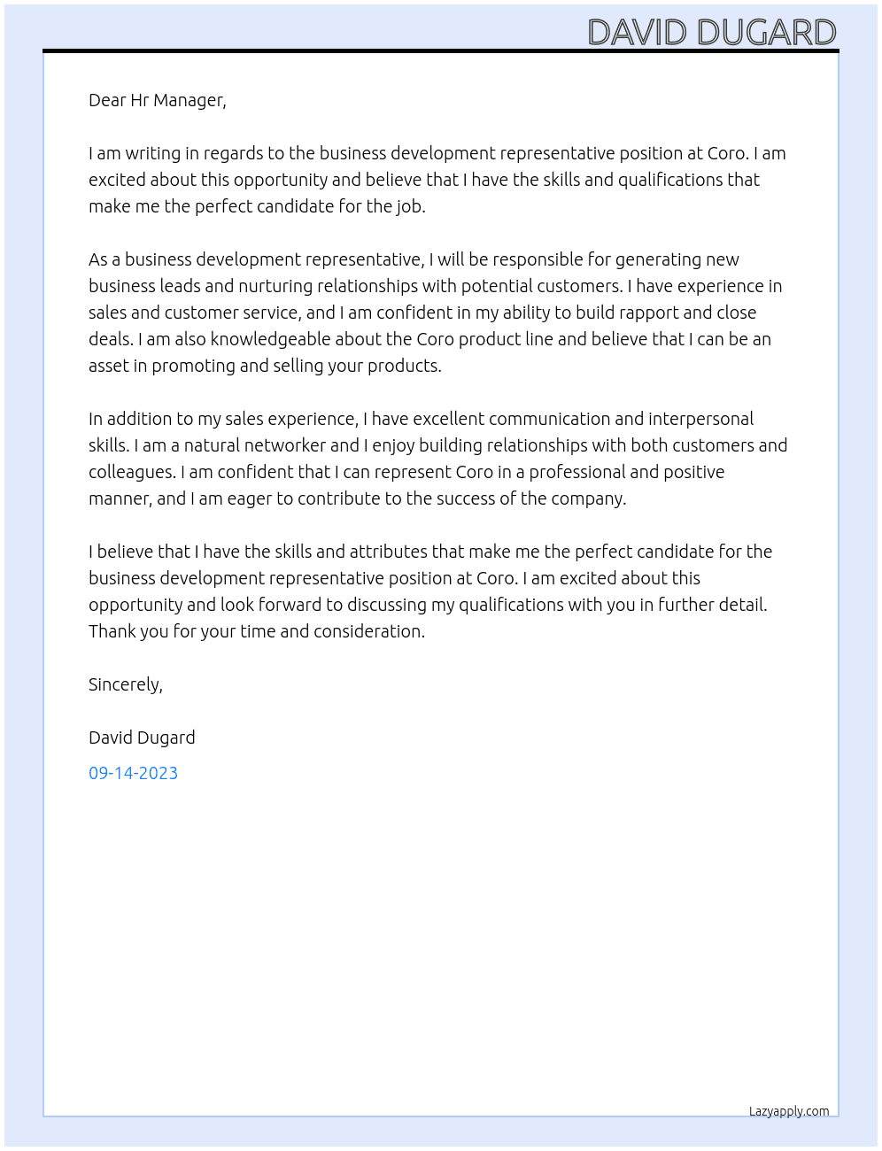 business developement representative At Coro Cover Letter