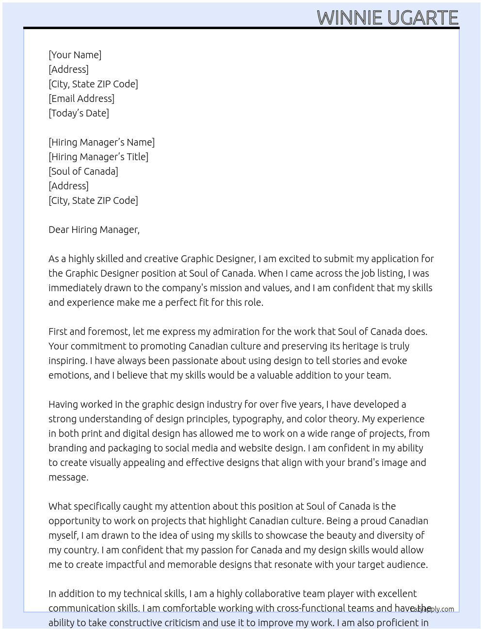 Graphic Designer At Soul of Canada  Cover Letter