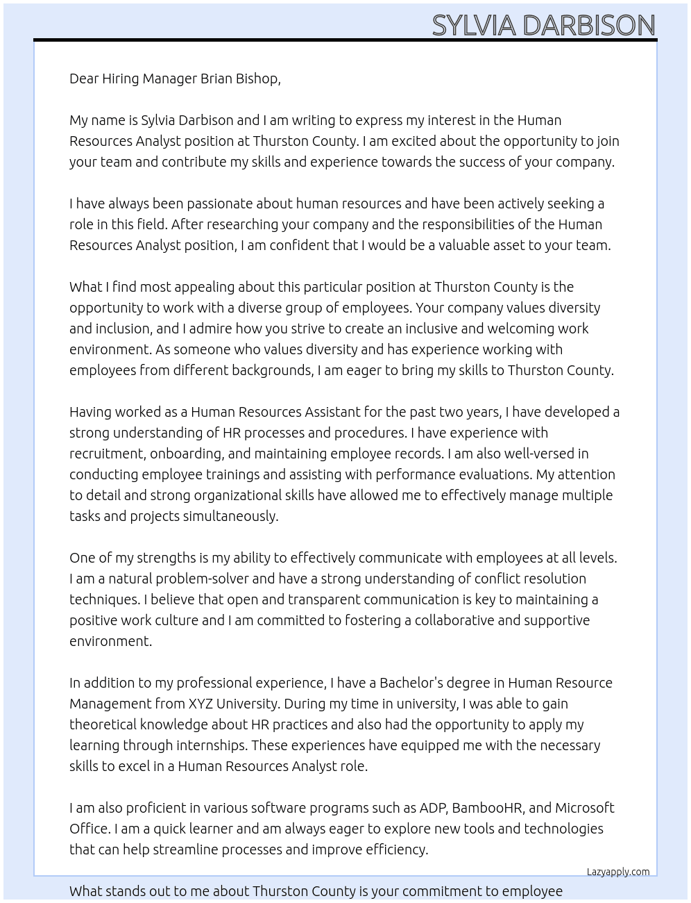Human Resources Analyst At Thurston County Cover Letter
