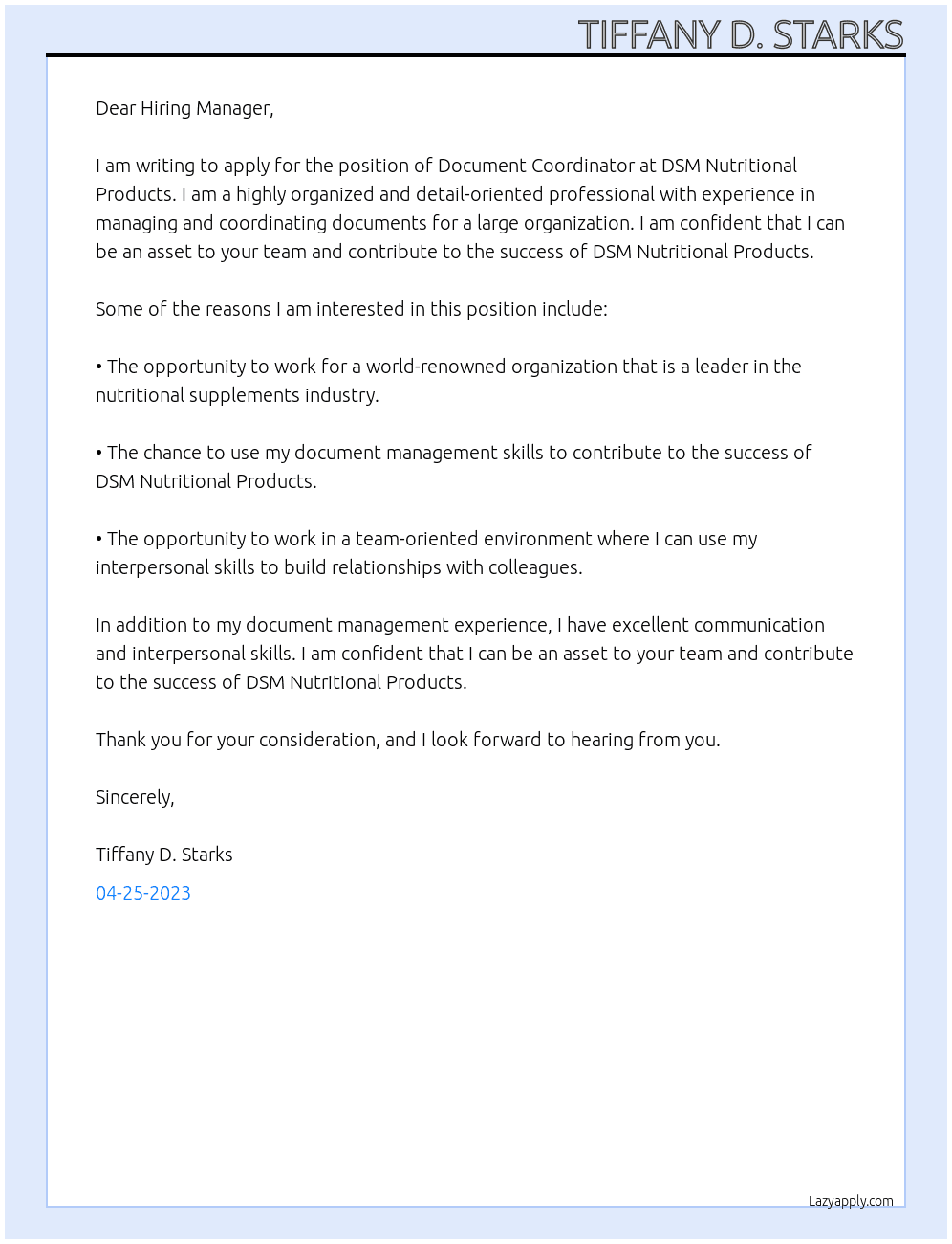Document Coordinator At DSM Nutritional Products Cover Letter