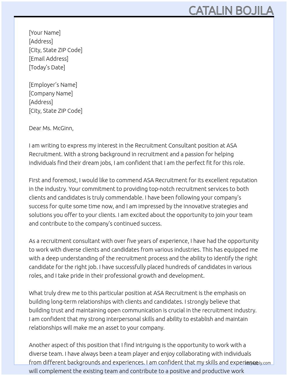 Recruitment Consultant At ASA Recruitment Cover Letter