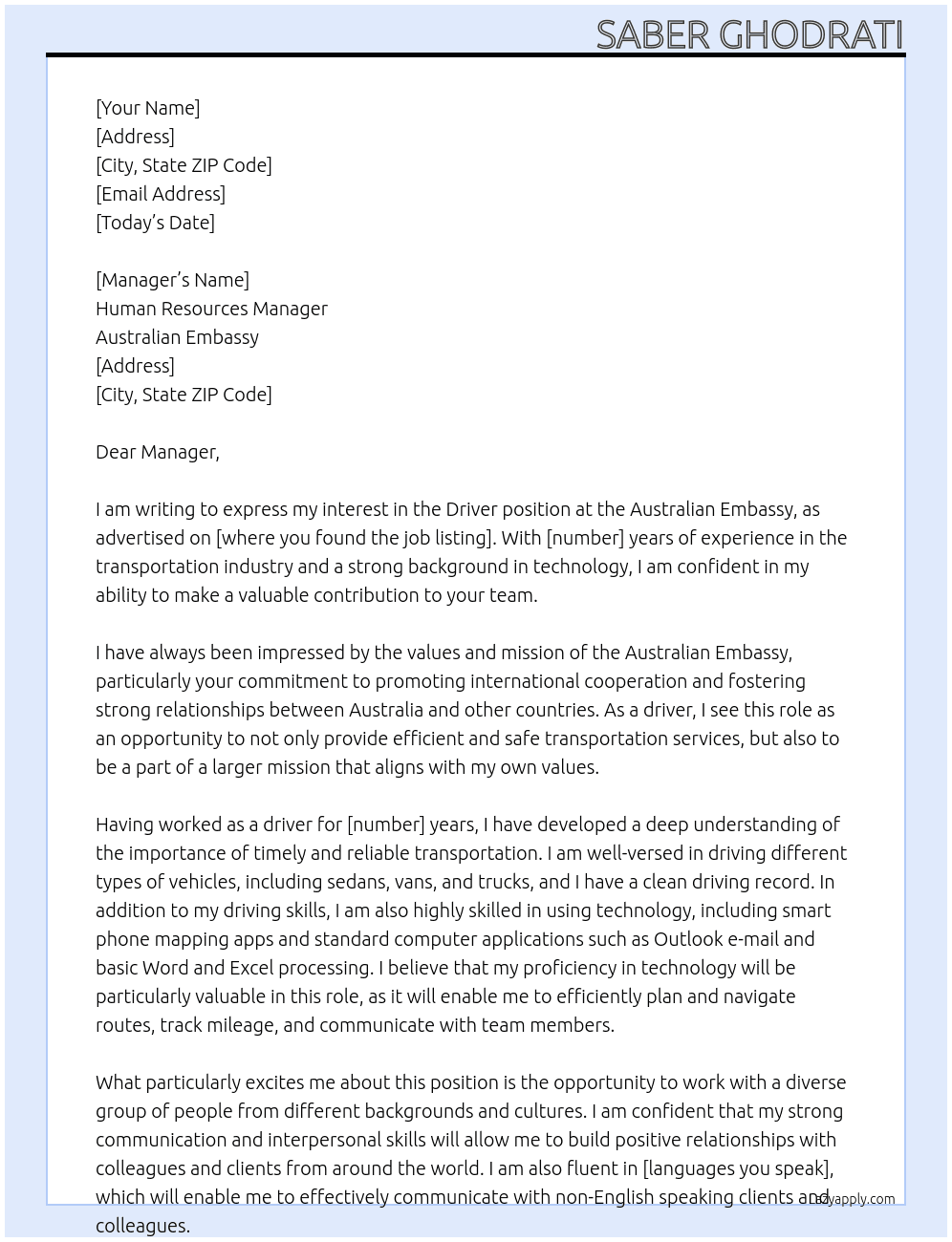 Driver At Australian Embassy Cover Letter