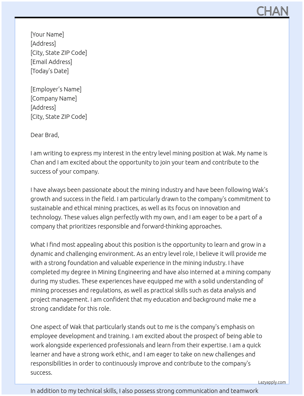 mining At wak Cover Letter