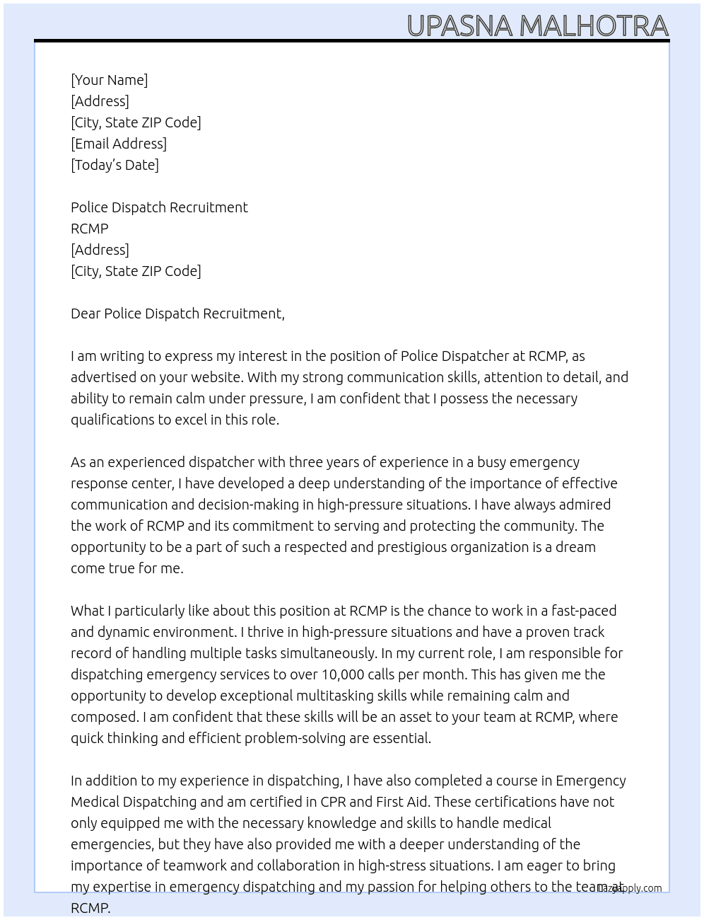 Police dispatcher At RCMP Cover Letter
