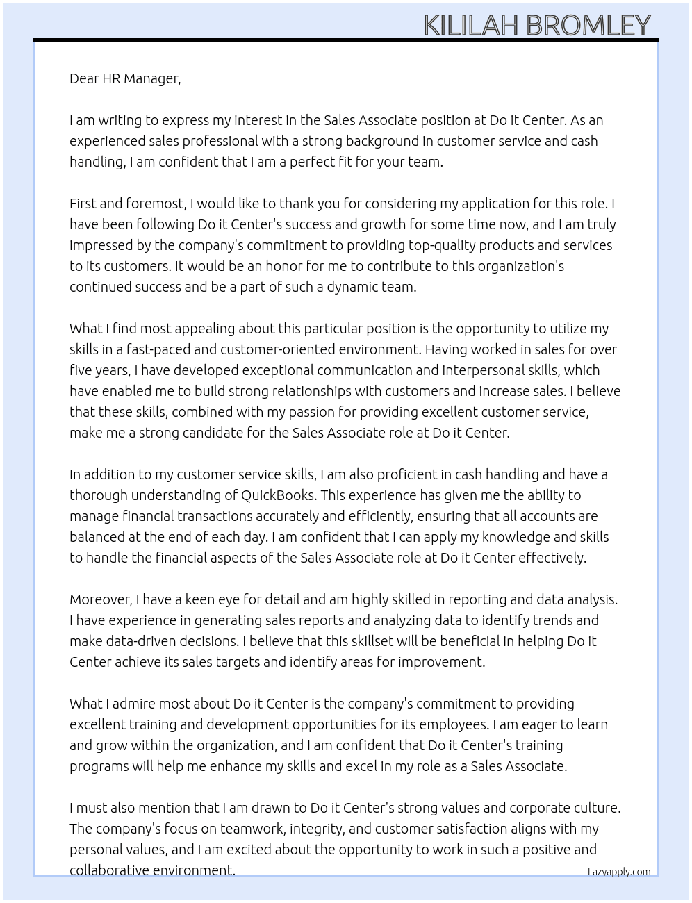 Sales Associate  At Do it Center Cover Letter