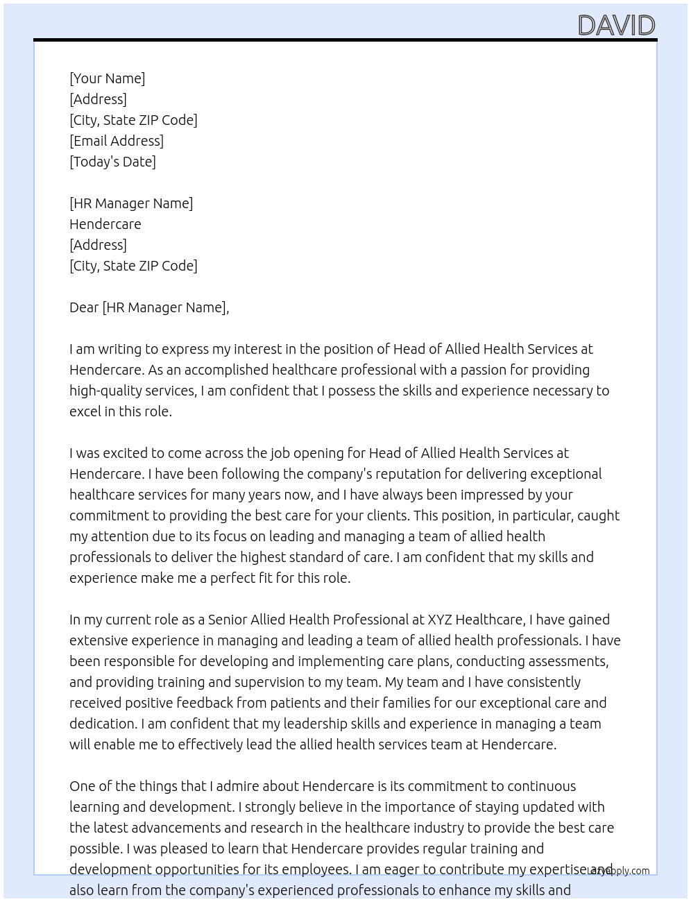 Head of Allied Health Services At Hendercare Cover Letter