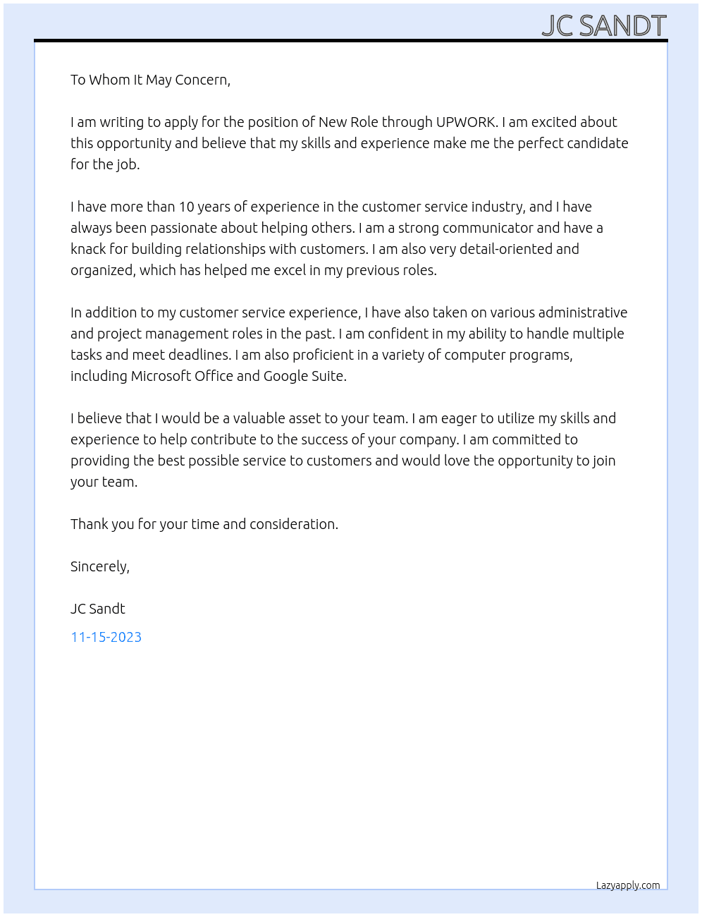 New Role At through UPWORK Cover Letter