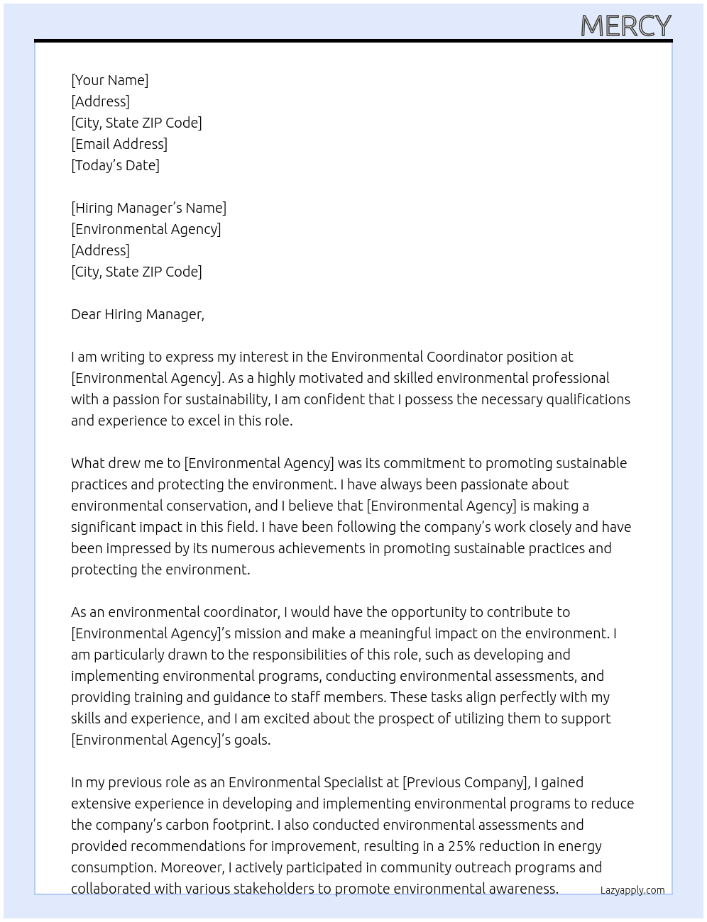 Environmental coordinator  At Environmental agency Cover Letter