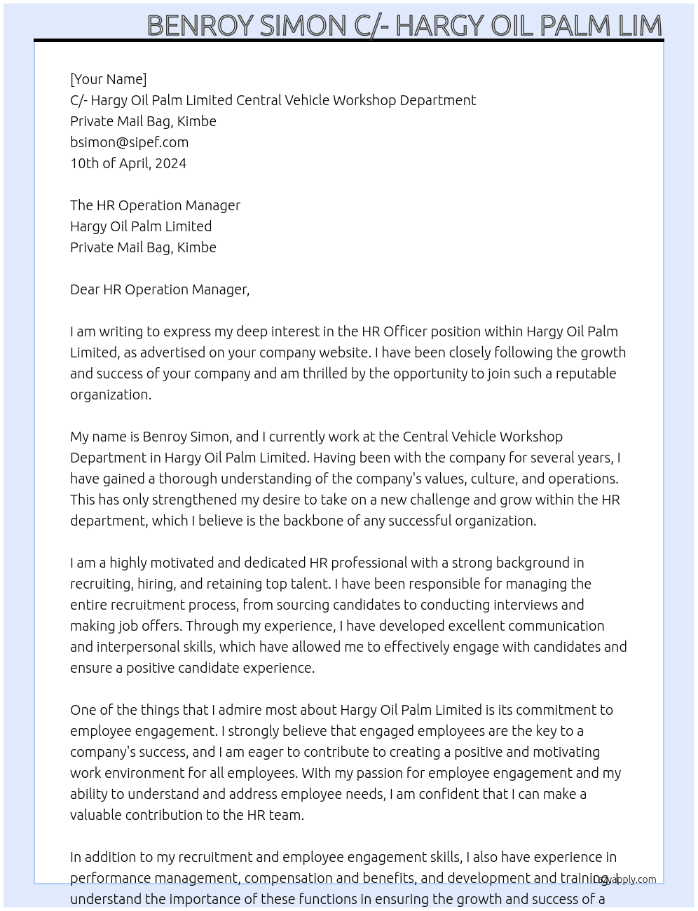 HR Officer At Hargy Oil Palm Limited Private Mail Bag, Kimbe  Cover Letter