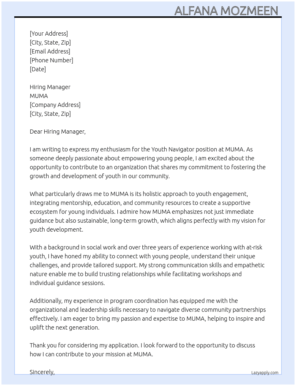 Youth Navigator  At MUMA Cover Letter