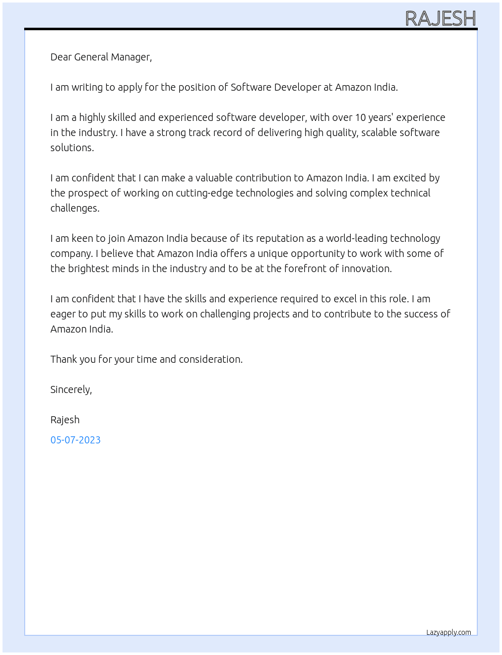SOFTWARE DEVELOPER At Amazon India Cover Letter