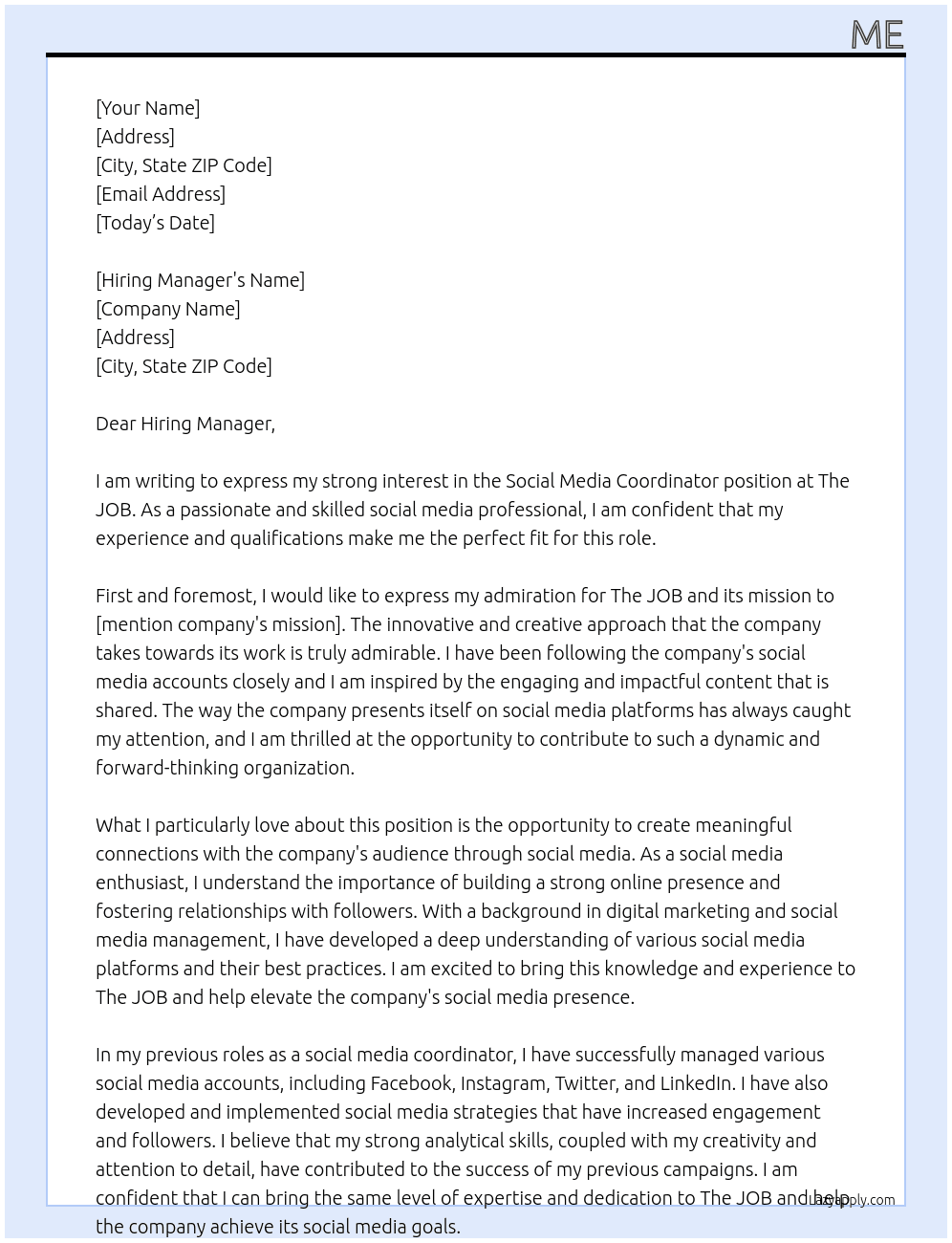 Social media coordinator  At The JOB Cover Letter