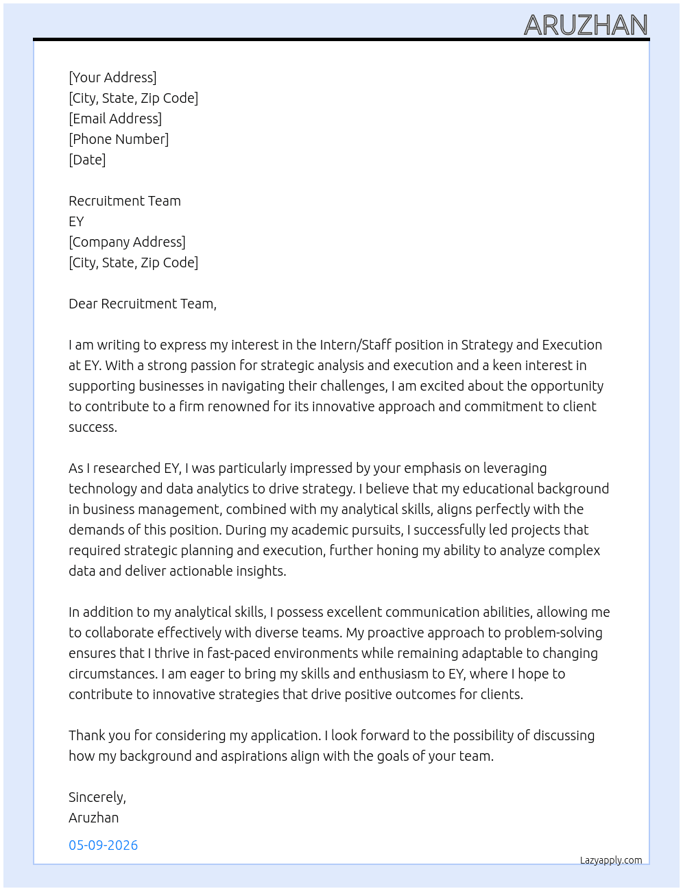 Intern/Staff in Strategy and Execution At EY  Cover Letter