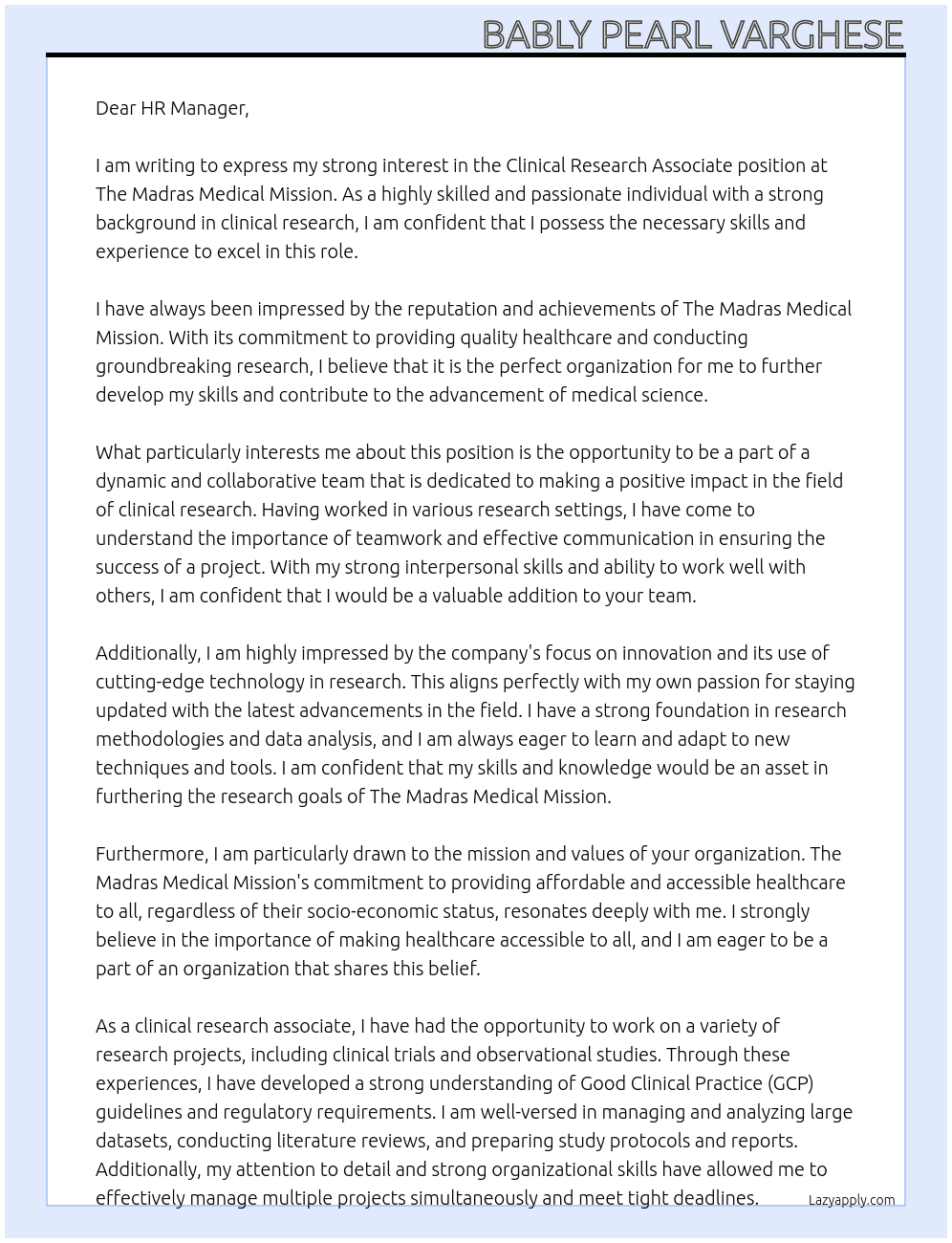 clinical research associate At the madras medical mission Cover Letter
