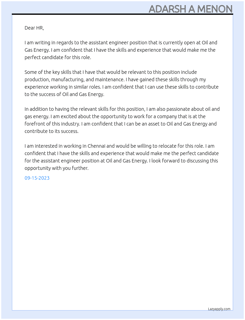 Assistant engineer At Oil and Gas energy Cover Letter
