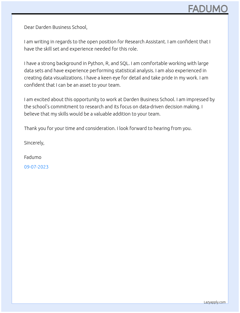 Research Assistant At Darden Business School  Cover Letter