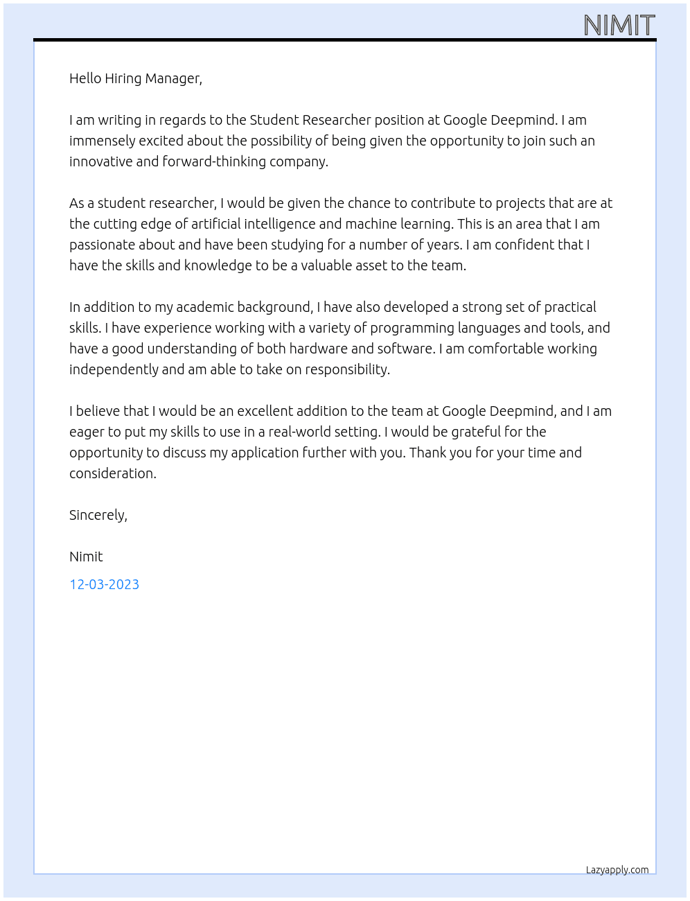 Student Researcher At Google Deepmind Cover Letter
