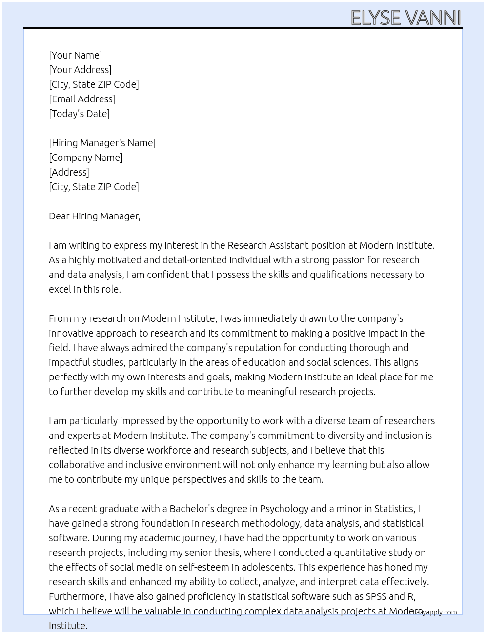 Research Assistant At Modern Institute Cover Letter