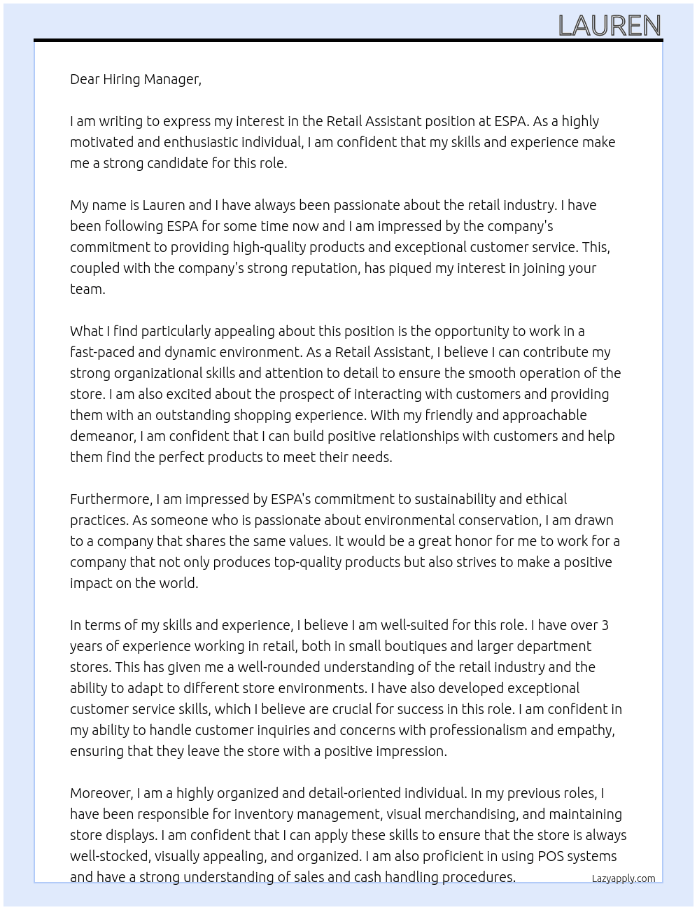 Retail asisstant At ESPA Cover Letter