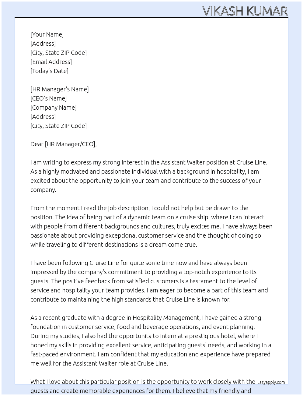 Assistant Waiter At Cruise Line Cover Letter