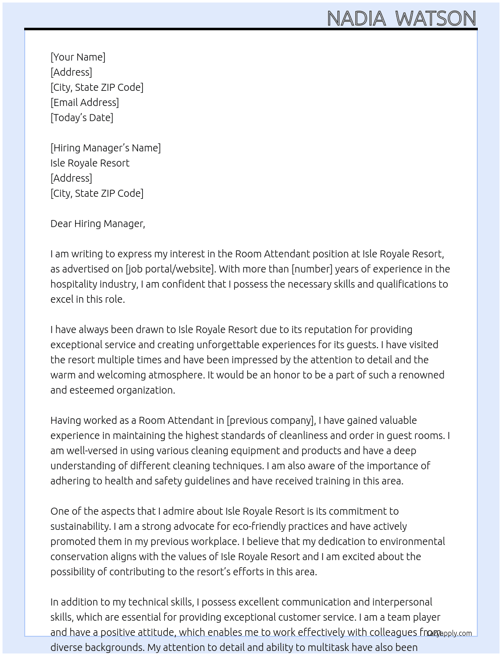 Room Attendant At isle royale resort Cover Letter