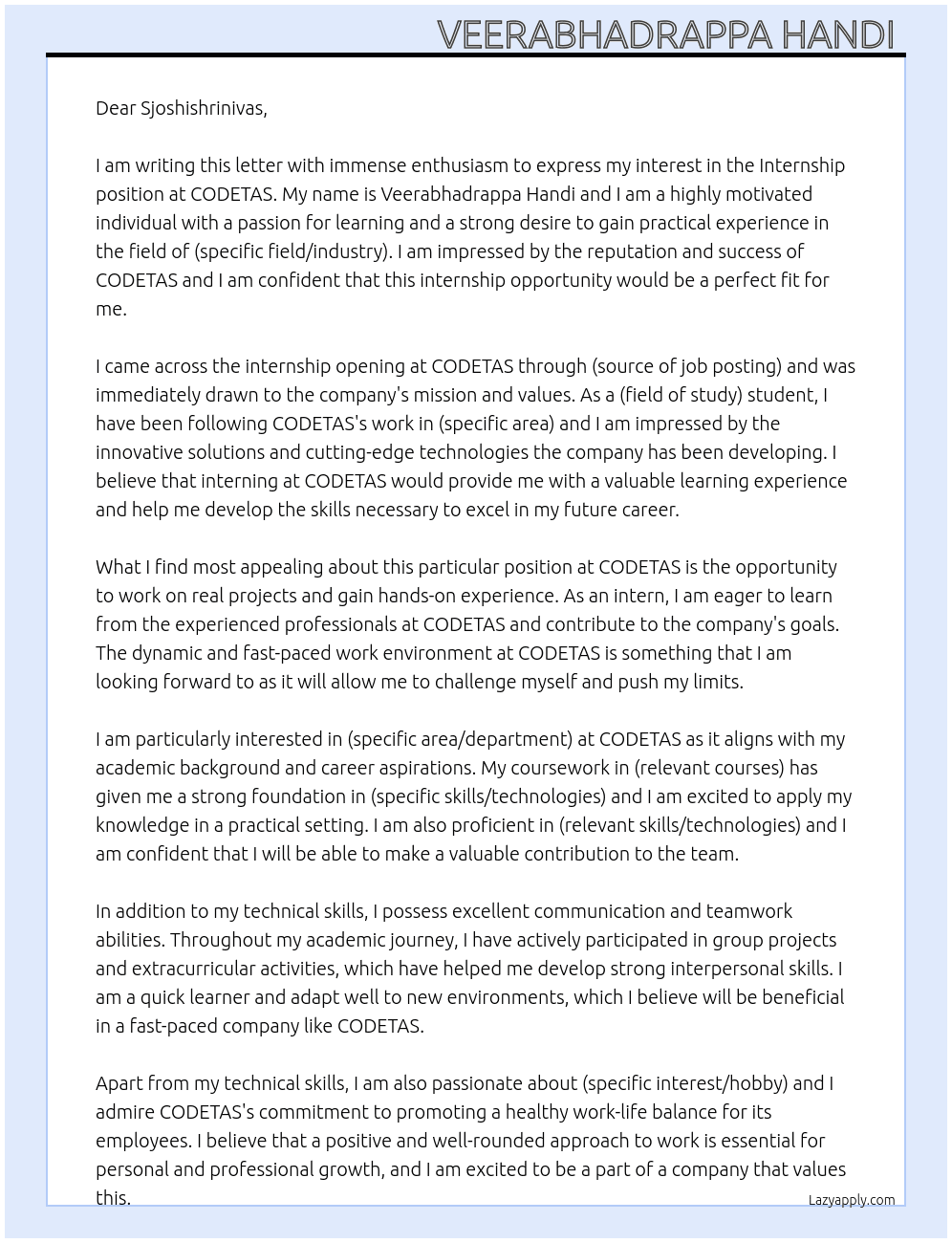 Internship  At CODETAS  Cover Letter