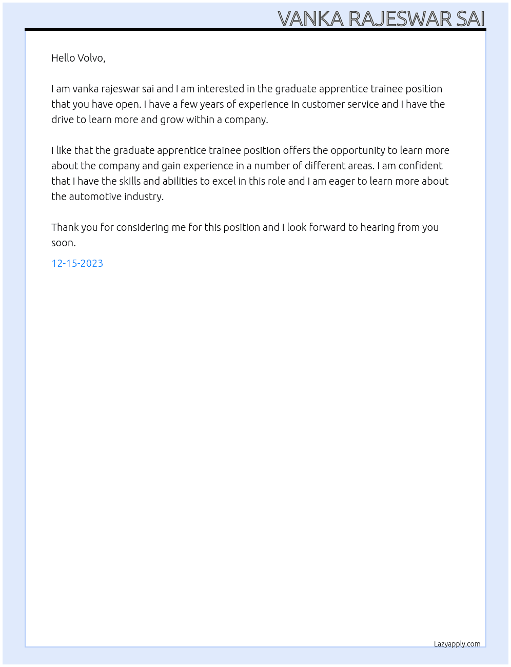 graduate apprentice trainee At volvo Cover Letter