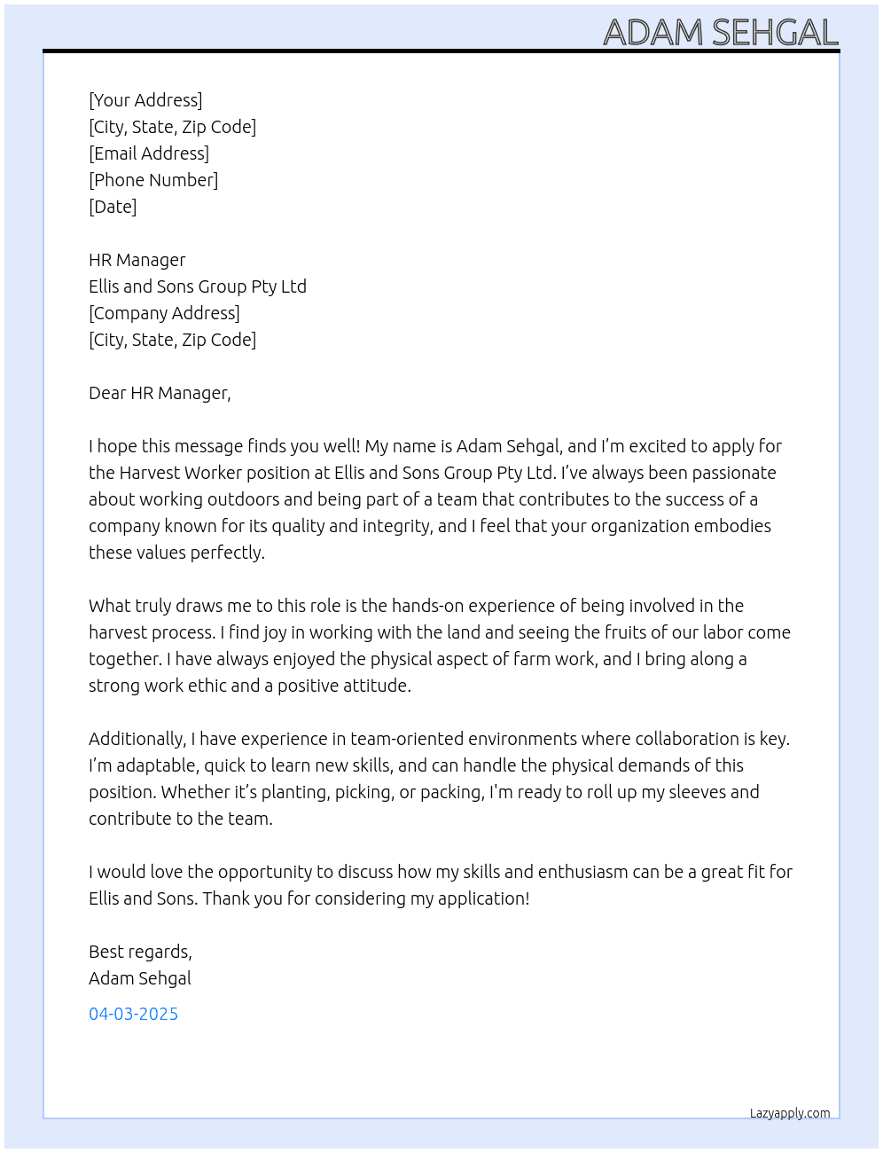 Cover letter for harvest workers - LazyApply