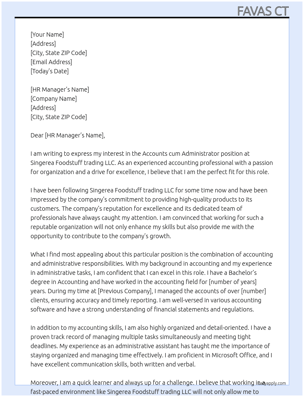 Accounts cum Administrator  At Singerea Foodstuff trading LLC Cover Letter