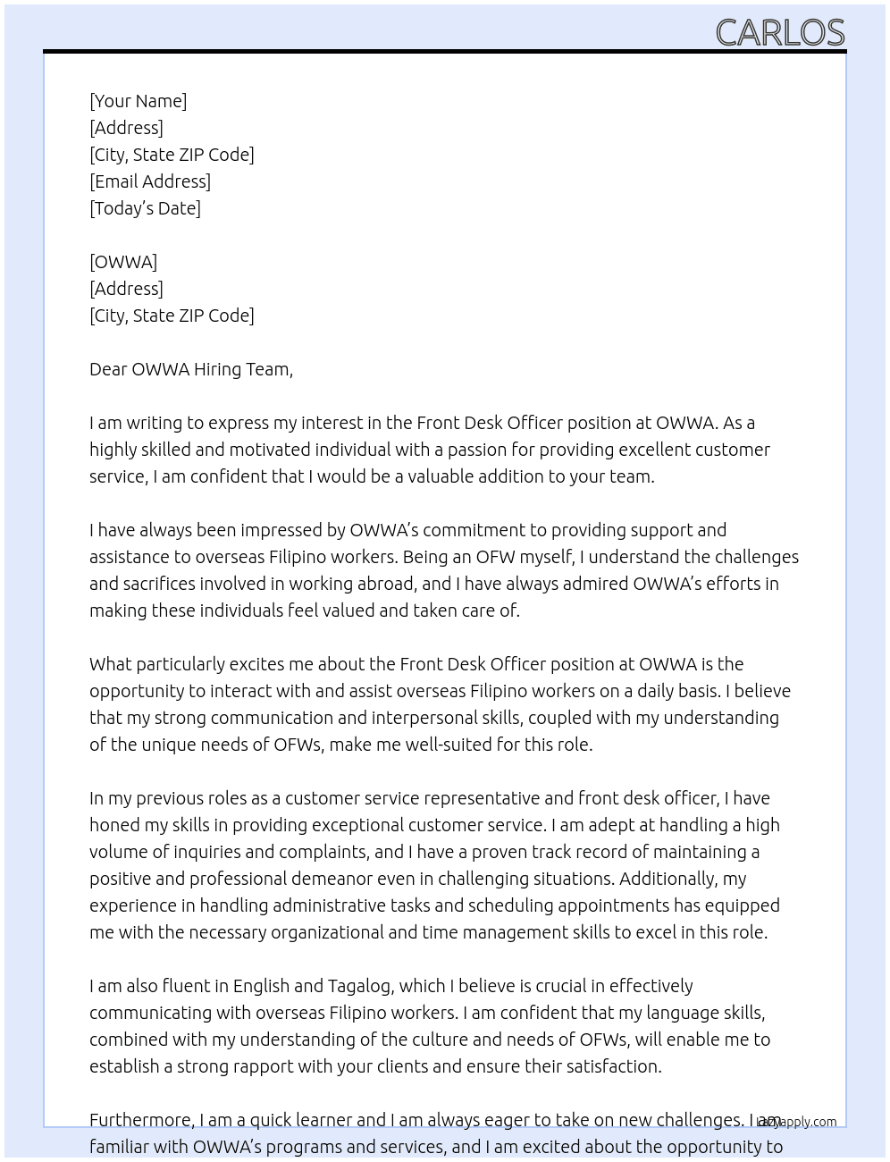 Front Desk Officer At OWWA Cover Letter