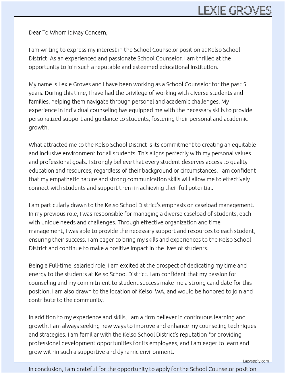 School Counselor At Kelso School District Cover Letter