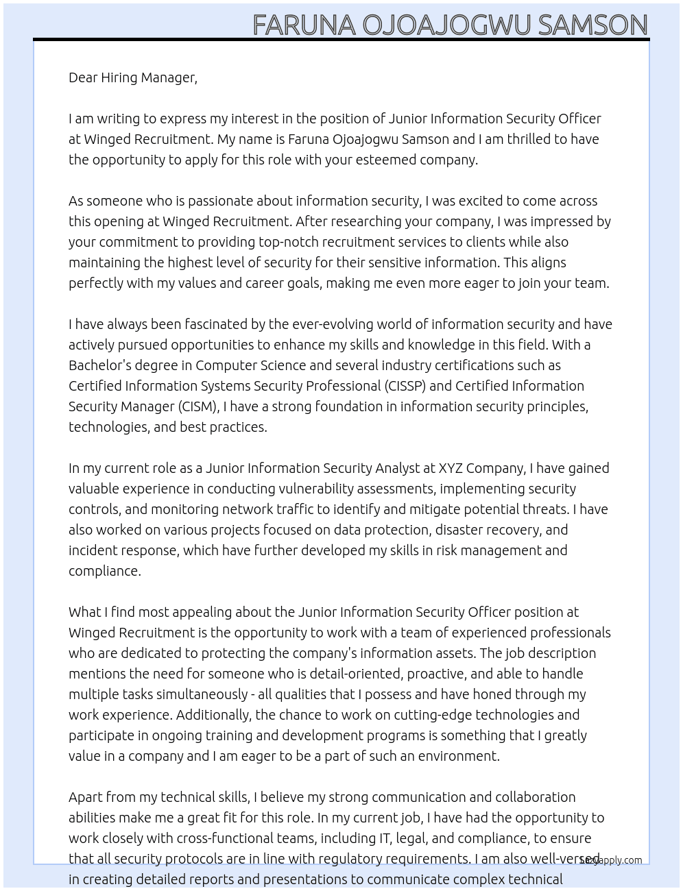 Junior Information Security Officer At Winged Recruitment  Cover Letter