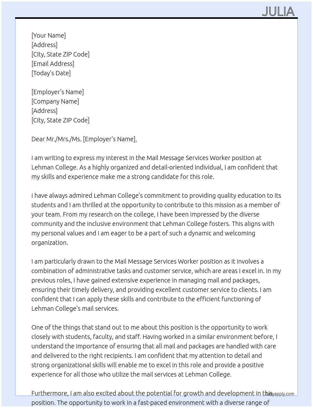 mail message services worker At Lehman College  Cover Letter