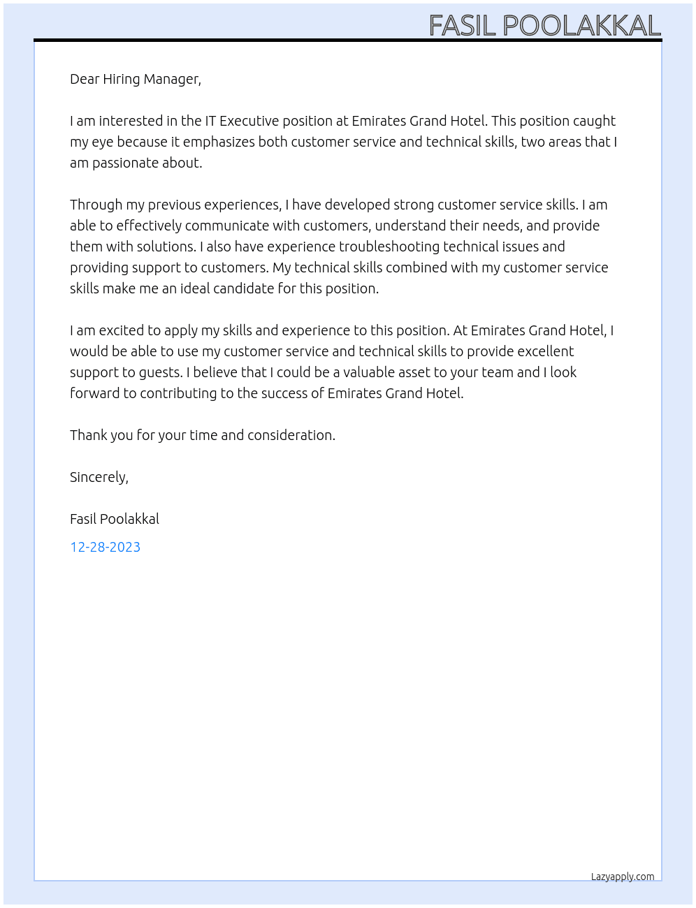 IT Executive At Emirates Grand Hotel Cover Letter