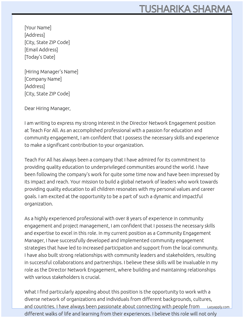 Director Network Engagement At Teach For All Cover Letter