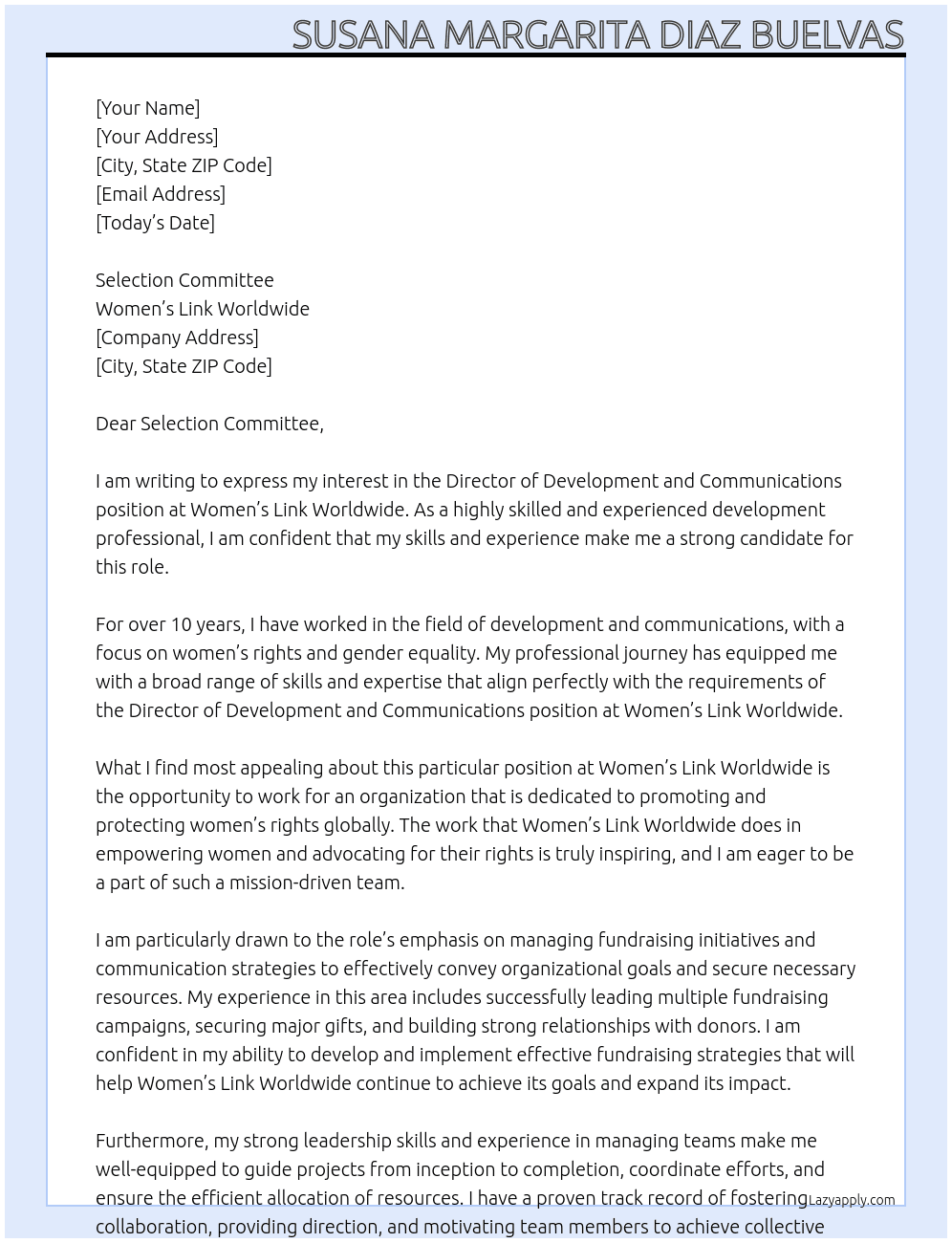 Director of Development and Communications At WOMEN'S LINK WORLDWIDE Cover Letter