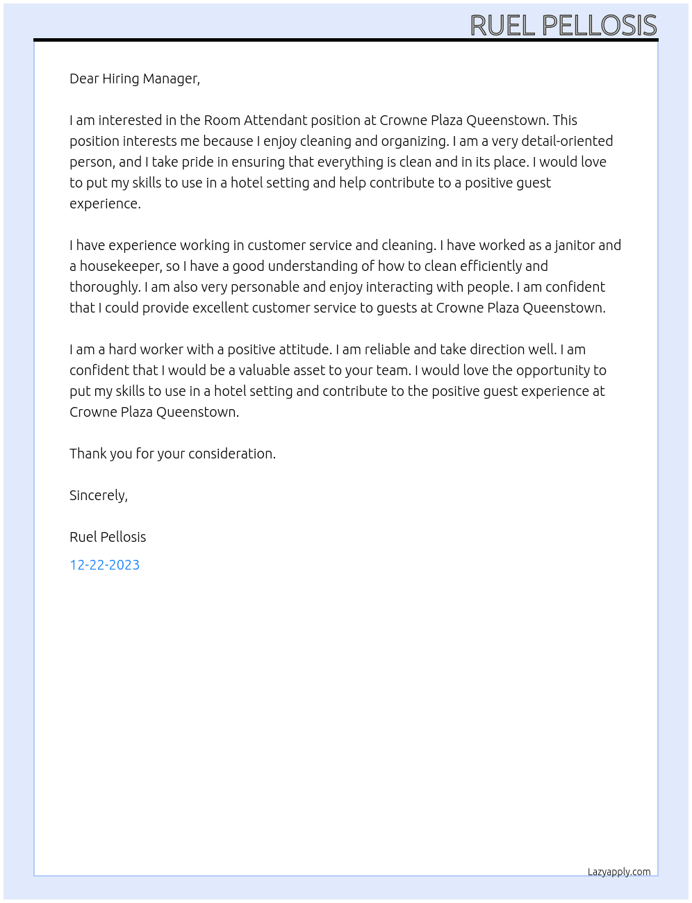 Room Attendant At Crowne Plaza Queenstown Cover Letter