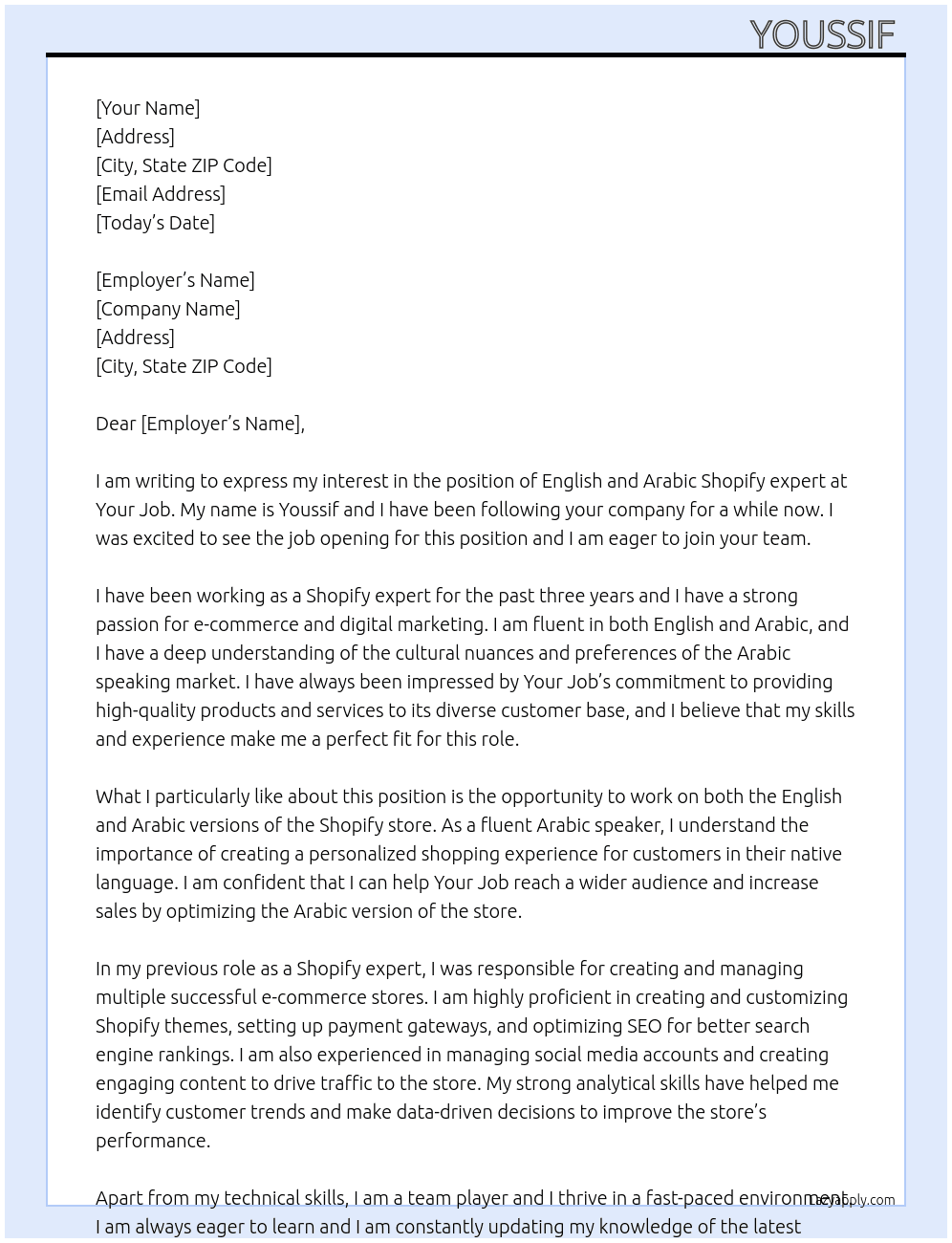 English and Arabic shopifier At Your job Cover Letter