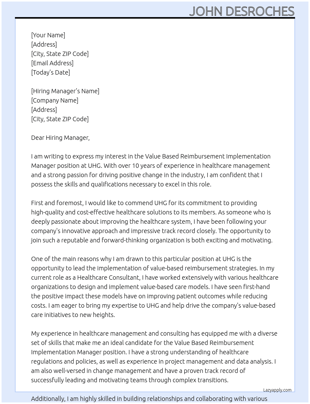Value Based Reimbursement Implementation Manager At UHG Cover Letter