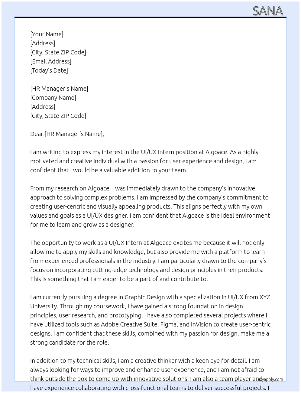 UI/UX Intern At Algoace Cover Letter
